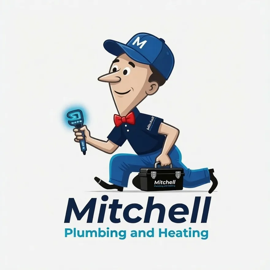 Mitch, the Mitchell Plumbing & Heating mascot, running with a wrench and toolbox
