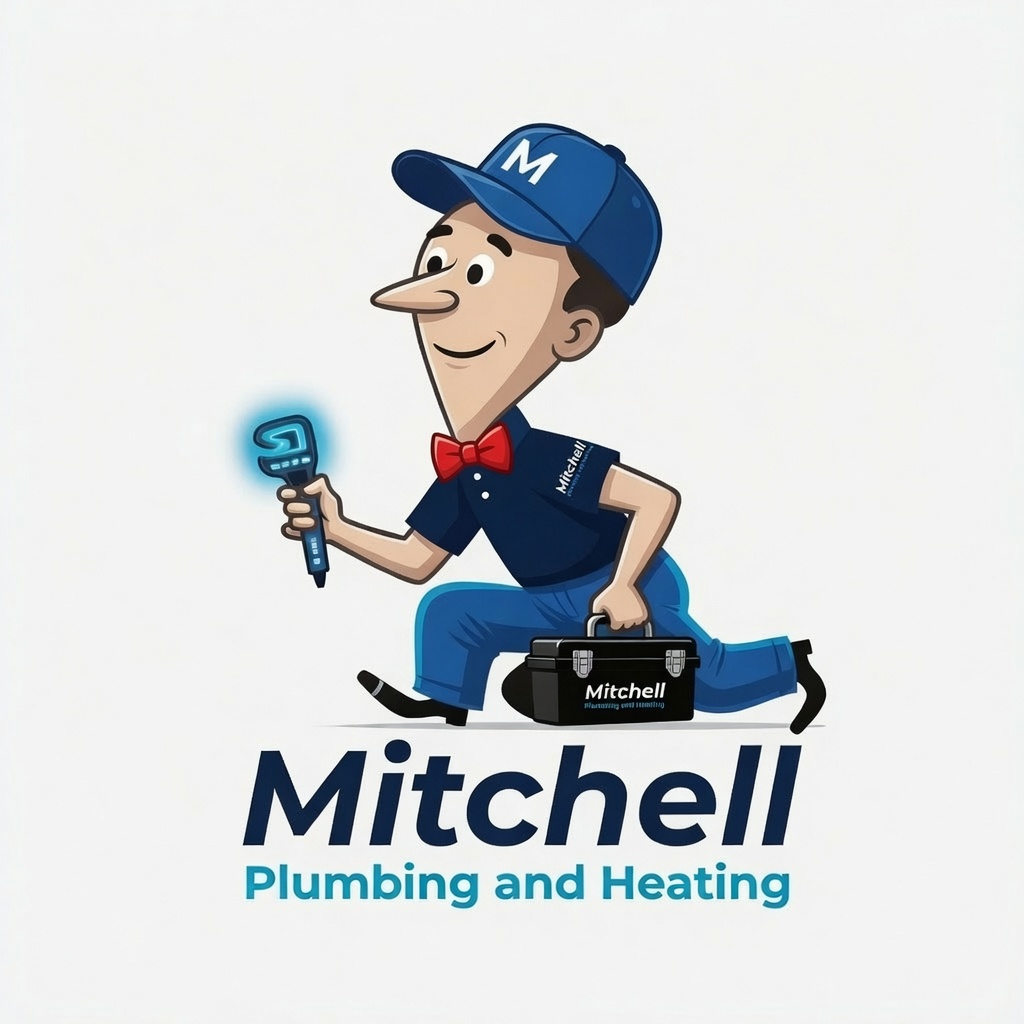 Mitch, the Mitchell Plumbing & Heating mascot, running with a wrench and toolbox