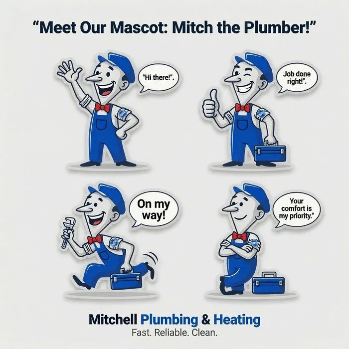 Mitch the plumber mascot in friendly poses &mdash; waving hello, thumbs up, on his way, your comfort is my priority