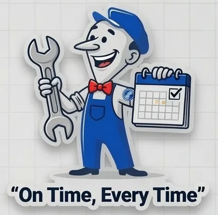 Mitch the plumber mascot with a wrench and calendar &mdash; On Time, Every Time