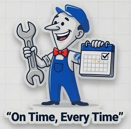 Mitch the plumber mascot with a wrench and calendar &mdash; On Time, Every Time
