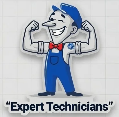 Mitch the plumber mascot flexing — Expert Technicians